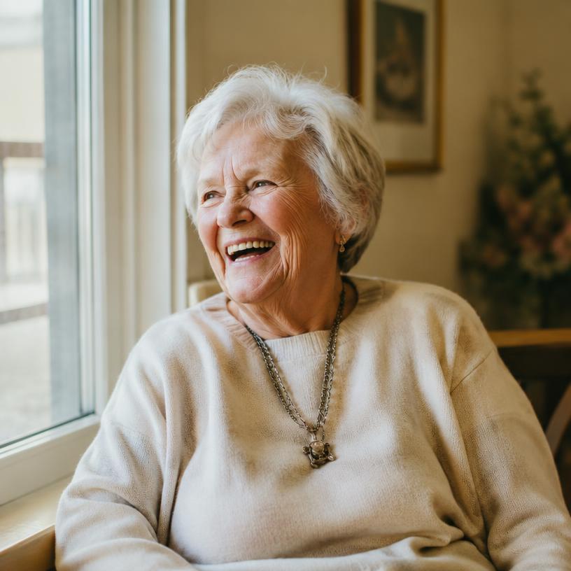 Margaret, laughing by a window