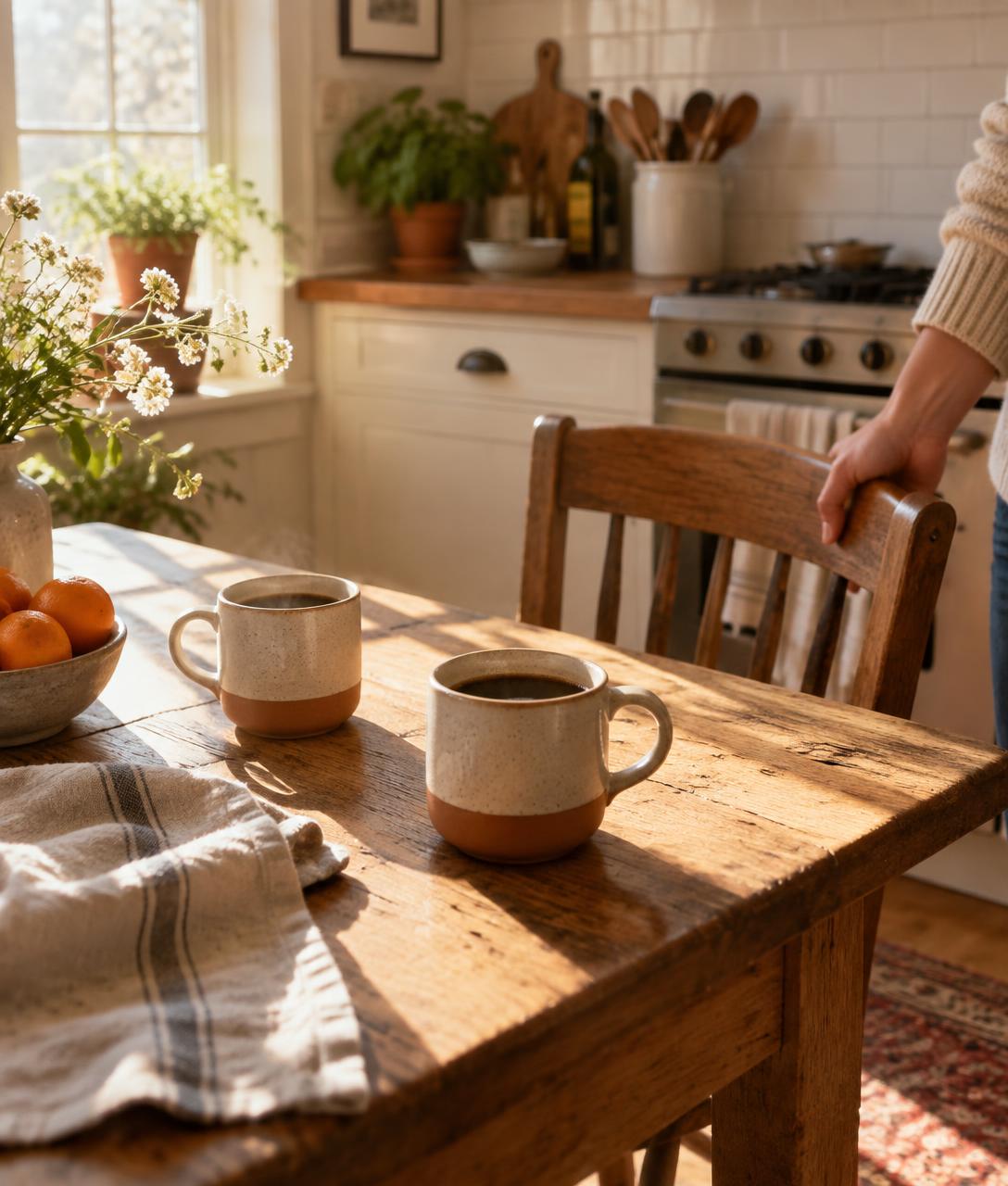Two mugs of coffee on a sunlit kitchen table with a chair being pulled up